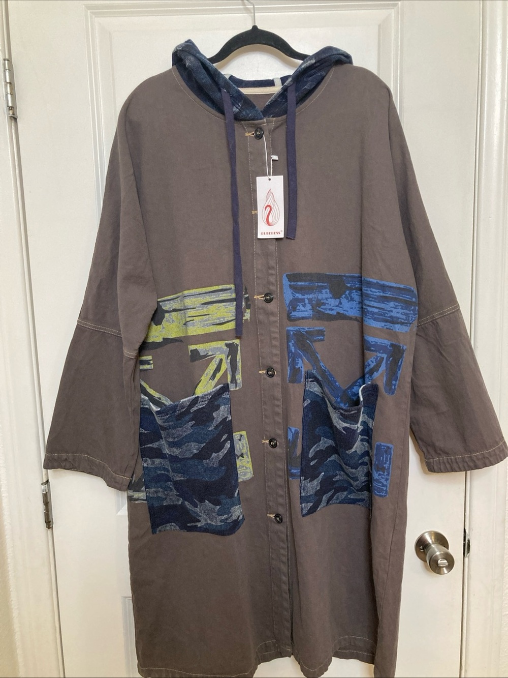 Duberess Loose Distressed Trench Coat Oversized Hood Patchwork Pockets Y2K Sz L
